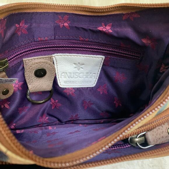 ANUSCHKA Colorful Small Hand Painted Leather "FEATHERS" Zip Top Organizer XBody - Picture 9 of 16